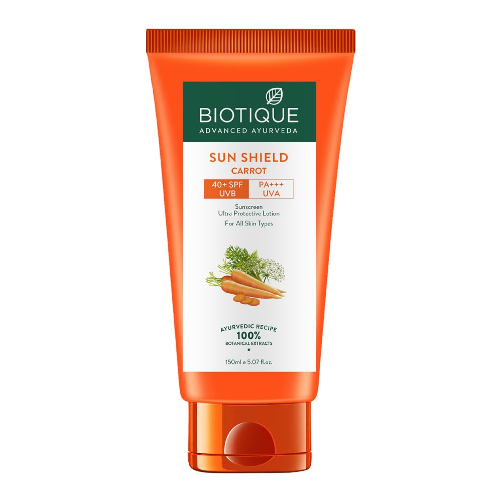 Biotique Bio Carrot Face & Body Sun Lotion | SPF 40 UVA/UVB Sunscreen | Prevents Ageing and Soothes Dry Skin| 100% Botanical Extracts | Suitable for All Skin Types | 150ml