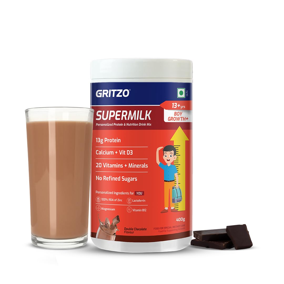 Gritzo SuperMilk Growth+ (Formerly Height+) (13+y Boys), 13g Protein Powder (Double Chocolate, 400g) | Zero Refined Sugar, 20 Vitamins & Minerals