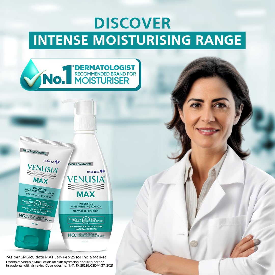 Dr. Reddy's Venusia Max Intensive Moisturizing Lotion for Normal to Dry skin |Body lotion I Advanced formula with 4D Hyaluronic Acid , Cocoa Butter, Shea Butter, Aloe Butter, Mango Butter I Multi Layer & Deepest Hydration I Treats dry, dull, dehydrated skin I Non-comedogenic lotion for face & body I Dermatologist Recommended |300 g