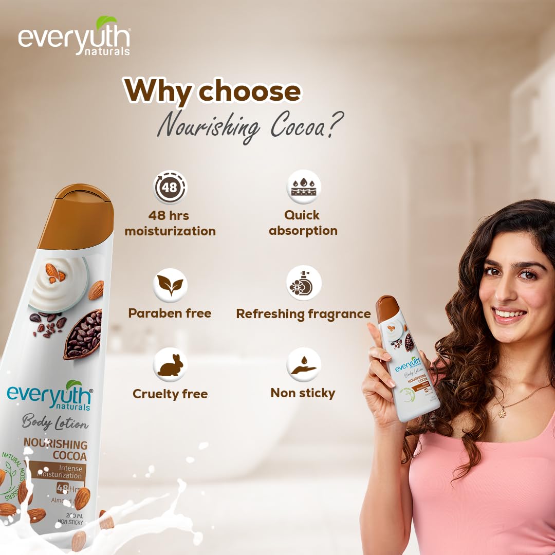 Everyuth Naturals Nourishing Cocoa Body lotion 200ml for men & women | 48Hr Hydration | Deep Moisture Care for Dry Skin | Enriched with 100% Natural Almond Milk | Smooth, Radiant & Healthy Looking Skin Care